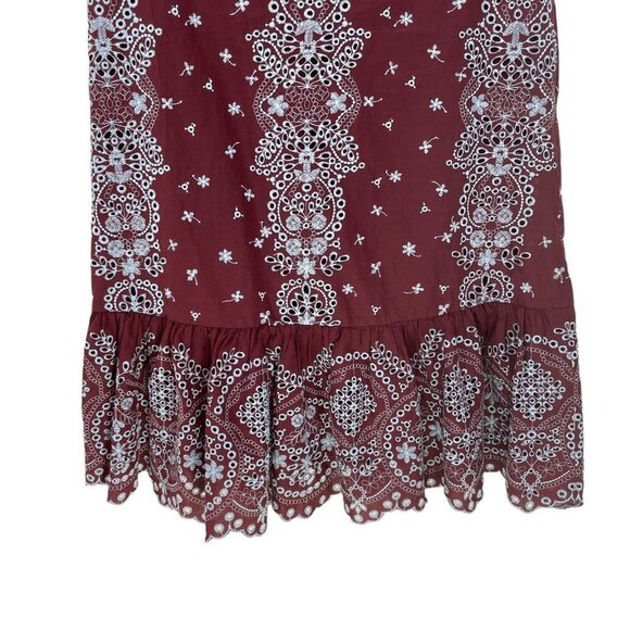 Anthropologie Feather & Bone Size S Embroidered Eyelet Ynez Dress Burgundy - Picture 8 of 11